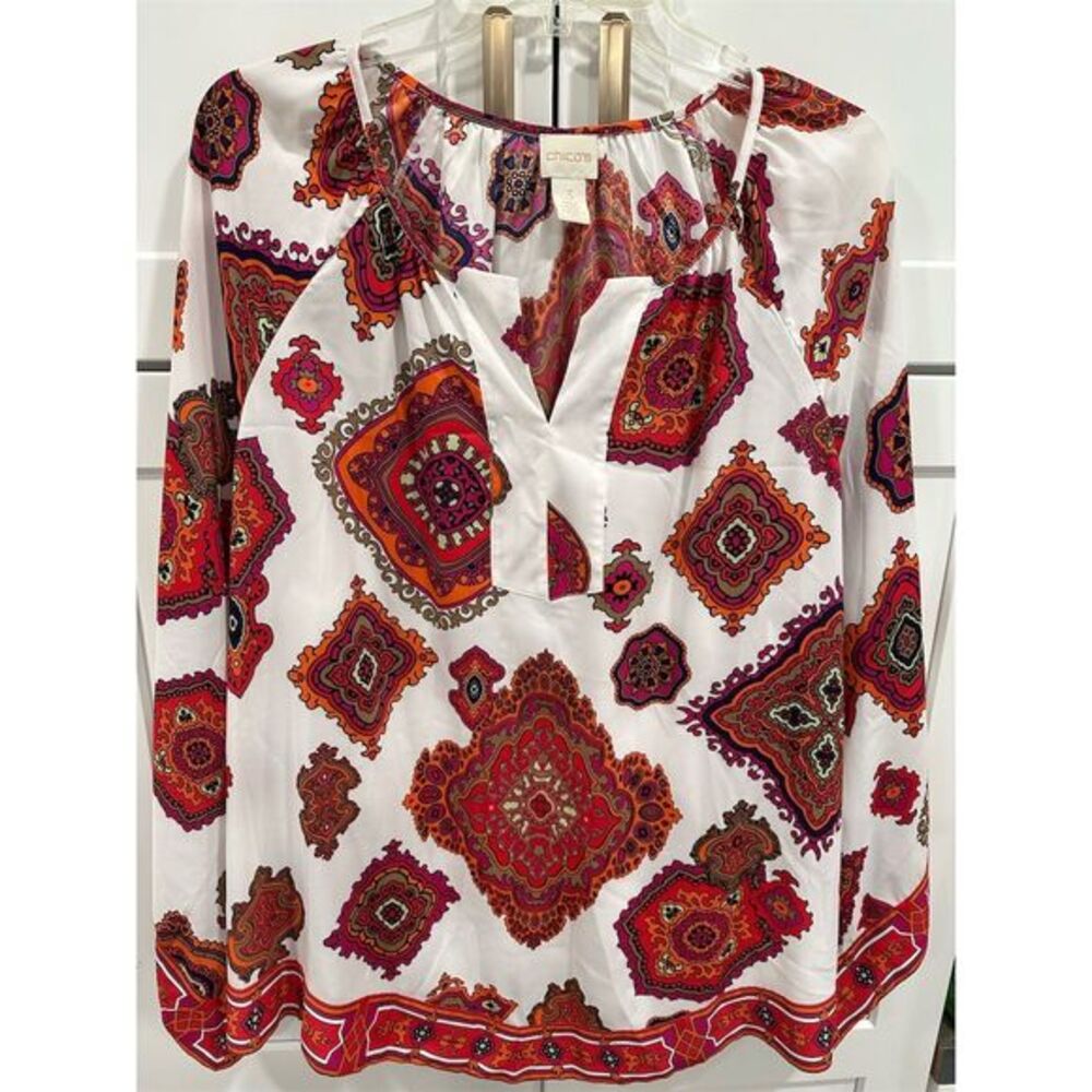 Chico's Women's Size 3 Multicolor Abstract Tunic Blouse V-Neck AK95